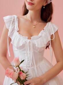 Enchnt 女士夏季荷葉邊A字裙連綁帶腰帶 - 白色 - 查看 6