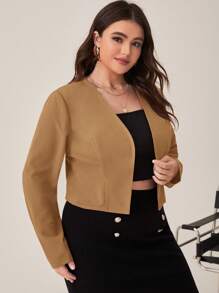 SHEIN LUNE Plus Solid Open Front Crop Blazer For Dailywear In Fall/Winter - Khaki - View 1