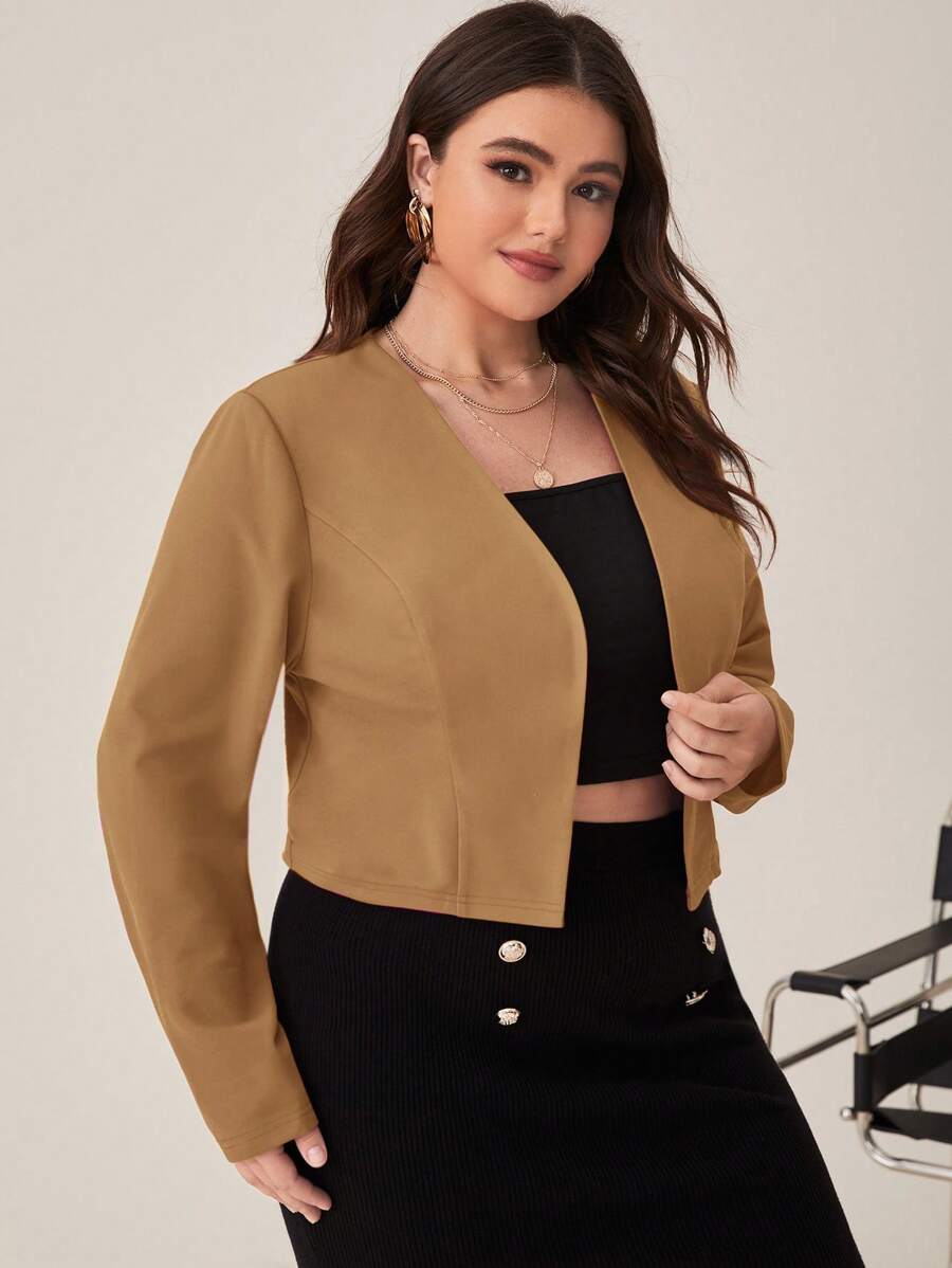 SHEIN LUNE Plus Solid Open Front Crop Blazer For Dailywear In Fall/Winter - Khaki - View 1
