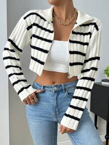 Chiquease Áo cardigan ngắn tay dài có dây kéo phía trước cho nữ mùa xuân thu - trắng - Xem 4