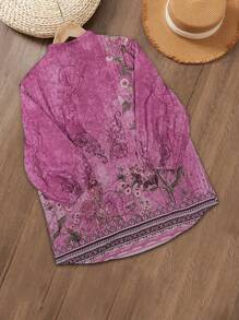 西部几何印花七分袖女式衬衫，休闲度假春季款 - 彩色 - 查看 3