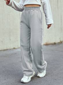 SHEIN Cottnline Pantaloni della tuta a gamba dritta con vita elastica da donna - Grigio - Visualizzare 4