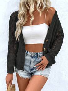 SHEIN LUNE Hollow Out Raglan Sleeve Cardigan For Dailywear - Black - View 4