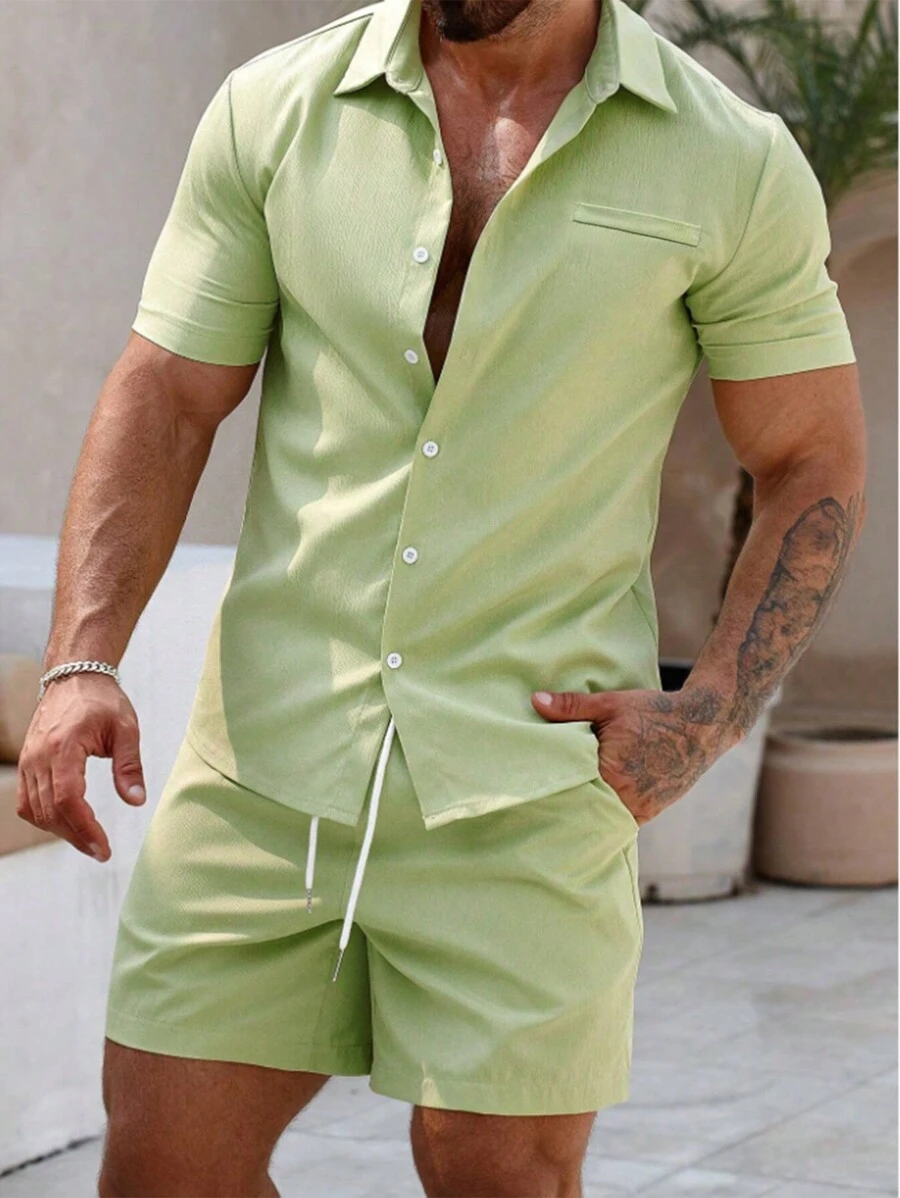 Manfinity Homme Men Plus Size Solid Button Up Shirt & Shorts