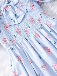 SHEIN Floral Print Short Sleeve Teenage Girls' Dress - Baby Blue - View 8