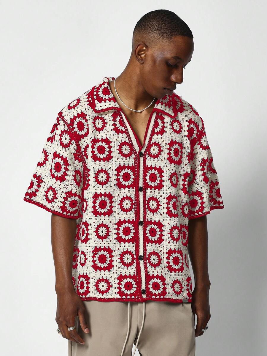 SUMWON Oversized Fit Häkel-Strickhemd mit Knopfleiste