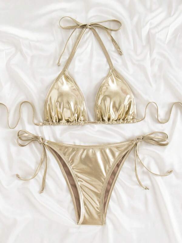 Swim SXY Ensemble bikini de plage d'été unicolore métallique en forme de triangle ras-du-cou avec nœud