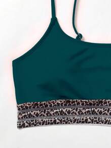 SHEIN Swim 女士纯色豹纹拼接简约日常两件套比基尼套装夏季海滩 - 霧霾藍 - 查看 6