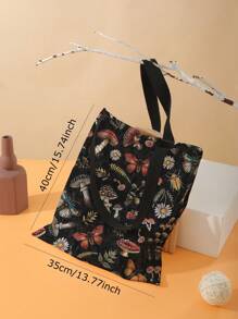 ROMWE Fairycore Mushroom Butterfly Insect Pattern Double-Sided Printed Canvas Shoulder Bag, Butterfly Bag