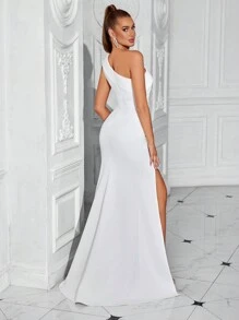 Elisanya Solid Color One Shoulder High Slit Party Bodycon Dress White Elegant Formal Evening Prom Wedding Guest Gown, For Graduation, Dinner - White - View 2