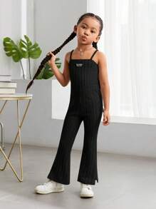 SHEIN Young Girl's Cool Knitted Solid Color Jumpsuit With Spaghetti Straps, Spring/Summer - Black - View 5