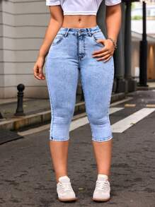SHEIN EZwear 斜口袋緊身膝蓋上方七分牛仔褲 - 藍色 - 查看 5