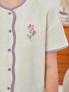 Tween Girls' Lovely And Simple Flower Embroidery Pattern Knitted Comfortable Loose Homewear Set, 2pcs - Dusty Purple - View 4