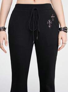 ROMWE Grunge Punk Y2K豹紋十字繡花女式喇叭褲 - 黑色 - 查看 4