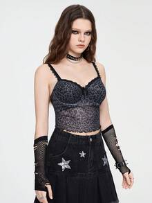 ROMWE Grunge Punk Áo ba lỗ phối ren họa tiết da báo cho nữ - Nhiều màu - Xem 5