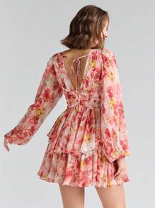 Enchnt Spring/Summer Romantic Holiday Elegant Floral Allover Print Lantern Sleeve Women's Summer Cute Dress,Sweet&Elegant Sundress For Valentine Day&Birthday&Holiday Party &Sweet Date Night&Prom&Wedding&Garden Parties - Red - View 2