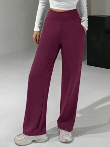 DAZY Pantalones largos para mujer de cintura alta y pierna ancha con diseño cruzado en la cintura - Burdeos - Ver 4