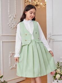 SHEIN Girls' (Big) Front Button Long Sleeve Shirt, Lace Sleeveless Jacket And Pleated Skirt Set