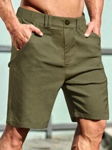 Manfinity Homme Quần short nam màu trơn có túi cho mùa hè - xanh quân đội - Xem 3