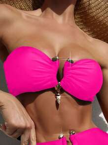 SHEIN Swim 女士纯色简约日常比基尼上衣夏季 - 玫紅色 - 查看 1