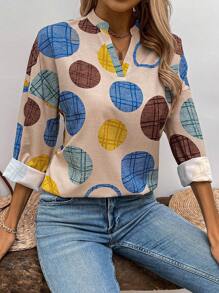 SHEIN LUNE 假日休閒H型剪裁全印花圓點衬衫，有翻領 - 卡其色 - 查看 7