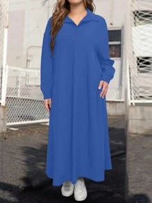 EMERY ROSE Váy Maxi thanh lịch và duyên dáng cỡ lớn với màu trơn đơn giản và cổ áo sơ mi dài tay, trang phục Maxi sang trọng và nhẹ nhàng dành cho phụ nữ, vải mùa thu dành cho phụ nữ - Xanh đậm - Xem 3