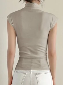 DAZY Mock Neck Solid Cap Sleeve Tee For Summer - Grey - View 2