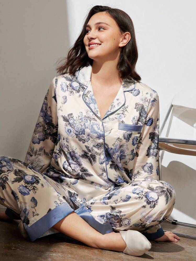 LUVLETTE Ensembles de pyjamas longs en satin à fleurs d'automne et d'hiver pour femmes, ensembles de détente, sous-vêtements, vêtements de pyjama d'automne - Bleu et Blanc - Voir 5