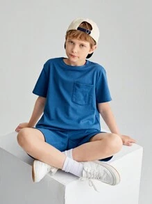 SHEIN 4 pièces/ensemble Haut et short unicolore pour garçons de préadolescence