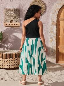 Conjunto Casual de 2 peças para Garota Tween, Top de Malha de Um Ombro de Cor Sólida com Saia de Fenda