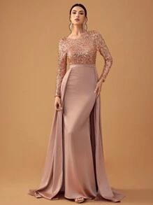 YISIKADO Women Sequin Contrast Satin Ball Gown Elegant Modest Evening Dress Long Sleeve Round Neck Maxi Dress For Wedding Guest Graduation Banquet Dinner Spring Vacation - Champagne - View 2