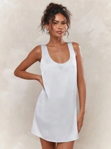 MISSGUIDED Embroidered Logo Satin Scoop Neck Sleeveless Shift Dress - Grey - View 1