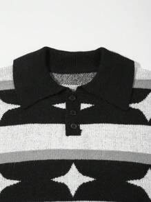 ROMWE MEN Academia Men's Collared Half Button Striped Sleeve Long Sleeve Sweater, Daily Casual, School