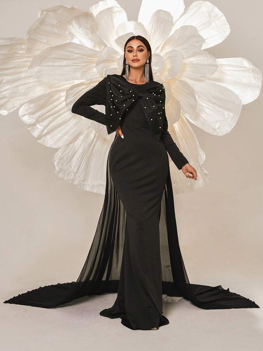 Missord Ladies' Sheer Mesh Beaded Decor Long Sleeve Prom Dress Black Elegant Formal Evening Wedding Guest Gown, For Graduation, Dinner - Black - View 1