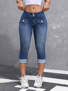 Flexra 女式休闲卷边七分牛仔裤，带口袋设计 - 中等水洗藍 - 查看 5