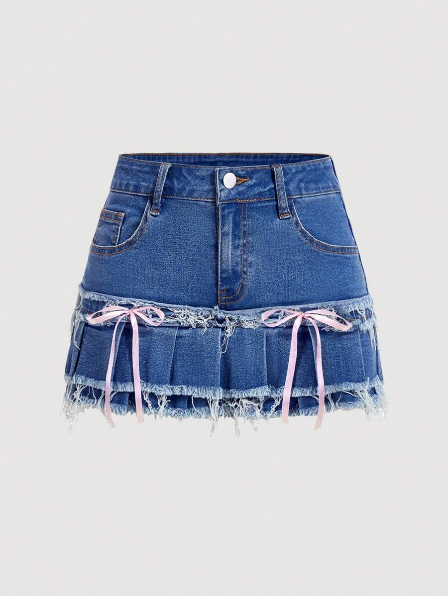 SHEIN MOD Women's Denim Skirt With Ruffled Double Layer Hem, Bow Decorated Pockets - Medium Wash - View 1