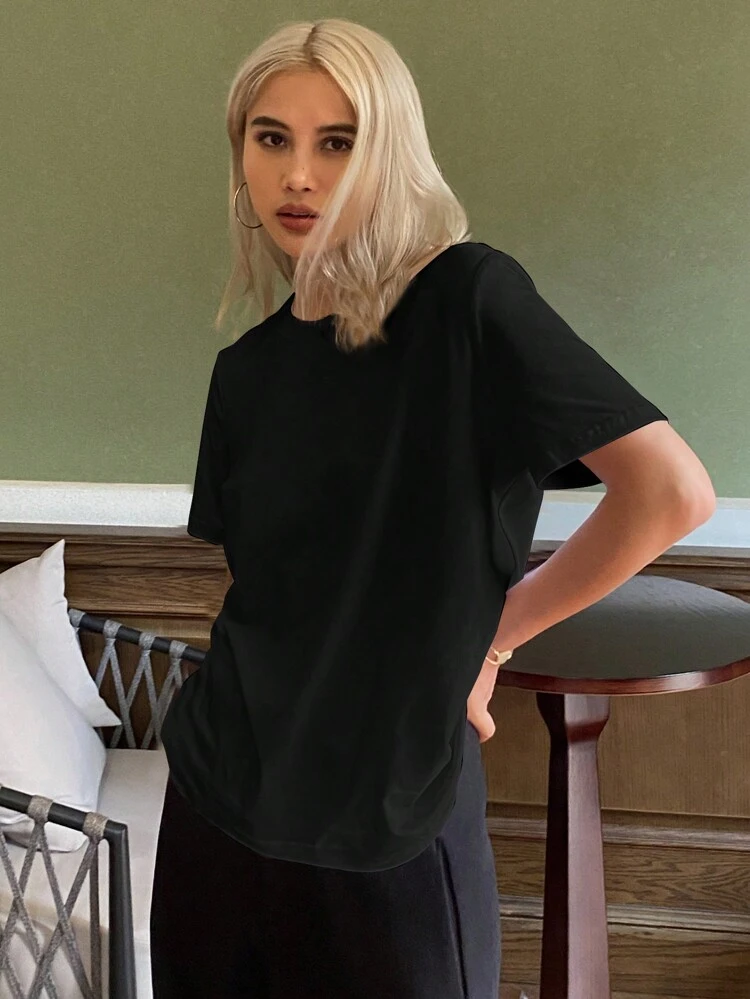 Solid Color Loose Short Sleeve Basic Women's T-Shirt With Round Neckline Summer