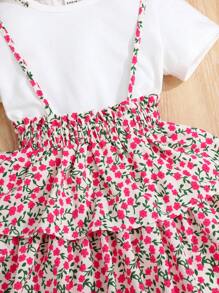 SHEIN Conjunto de camiseta de cor sólida com decote redondo e saia floral elegante para menina jovem - Pink - Visão 5