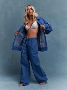 MISSGUIDED 抽绳阔腿牛仔裤 - 藍色 - 查看 3