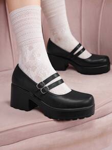 CUCCOO DOLLMOD Women Double Buckle Decor Platform Shoes, Elegant Black Mary Jane Shoes For Summer Vacation Shoes Summer Christmas Fall New Year Holiday
