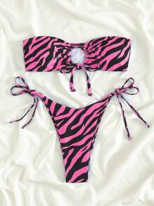 SHEIN Swim Summer Beach Round Ring Decorated All-Over Print Bandeau Bikini Set With Random Print - Multicolor - View 5