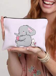 ROMWE Kawaii Fashionable Cartoon Cute Elephant & Rabbit Print Portable Canvas Makeup Bag Handbag With Large Capacity 493095 - Multicolor - View 1