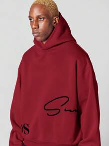 SUMWON Cozy Oversized Pullover Hoodie Sweatshirt With Signature Font Logo Premium Athletic Wear Winter Fall Casual Streetwear Essential Layering Piece - Burgundy - View 4