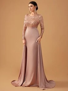 YISIKADO Women Sequin Contrast Satin Ball Gown Elegant Modest Evening Dress Long Sleeve Round Neck Maxi Dress For Wedding Guest Graduation Banquet Dinner Spring Vacation - Champagne - View 4