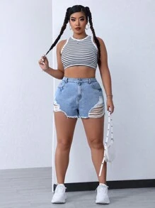 SHEIN EZwear Quần short denim sờn thông thường cỡ lớn mùa hè với chi tiết đau khổ - Rửa nhẹ - Xem 4