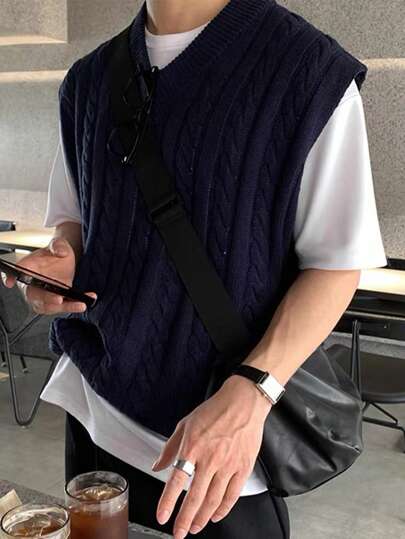 Claim Dot Men's Solid Simple Daily Wear Knitted Sleeveless Cable Knit Sweater Vest Back To School, For Fall Winter