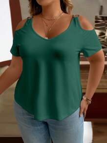 SHEIN LUNE Plus Size Women's Solid Color Off Shoulder Daily T-Shirt