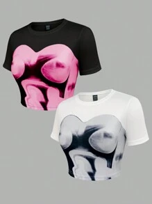 SHEIN Unity Einfaches Damen T-Shirt mit Rundhalsausschnitt und Kurzarm mit Muster - Verschiedenfarbig - Übersicht 5