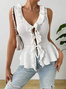 Chiquease Women's V-Neck Sleeveless Top With Ruffle Straps And Hem, Simple Yet Fashionable - White - View 1
