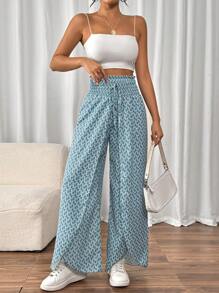 SHEIN Frenchy Pantalones holgados cruzados con estampado total, cintura nudo y dobladillo de tulipán en las piernas anchas - Celeste - Ver 5
